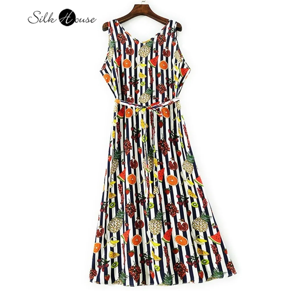

Women's Casual Summer Clothing 100% Natural Mulberry Silk Crepe De Chine Minimalist V-neck Fruit Printed Striped Vest Dress