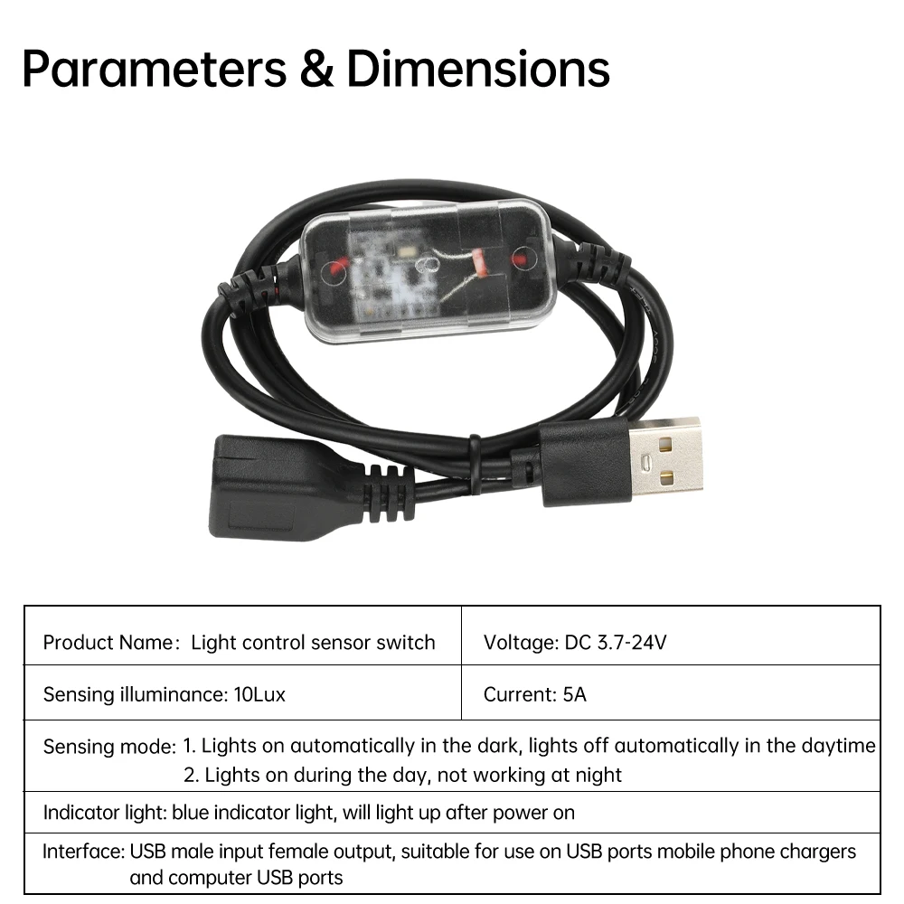 Commutateur de capteur de lumière DC 3.7V-24V USB fil jour/nuit Auto-sur le câble de capteur de lumière pour la sécurité à la maison et l'éclairage