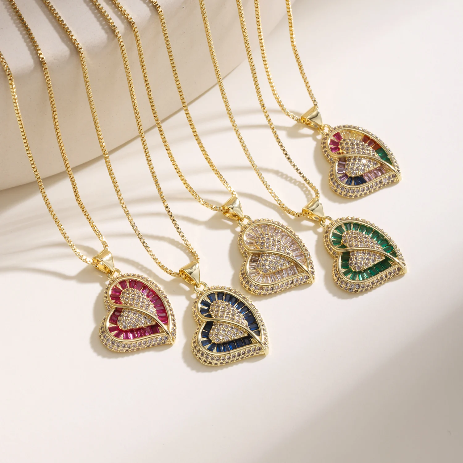 Nidin Bling Rainbow Color CZ Heart Pendant Necklace For Women Ladies Elegant Wedding Party Jewelry Valentine Birthday Gifts
