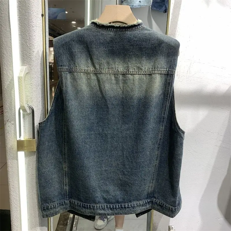 Women's Loose Jeans Vest, Blue Streetwear, Collarless Jacket, Short Tops, High Quality Clothing, Autumn, New Fashion, 2024