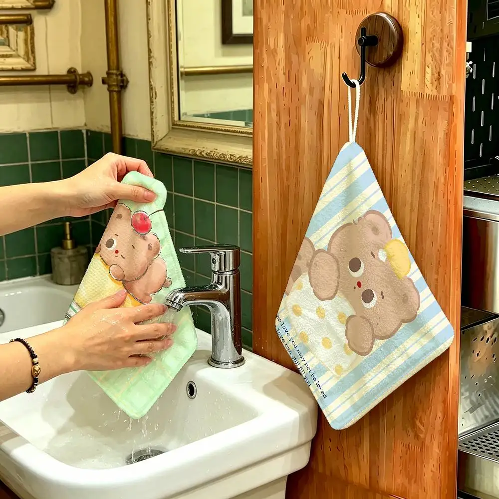 Kawaii Butter Bear Polyester Cotton Hanging Hand Towel, Super Absorbent Hand Wiping Towel for Daily Household Use