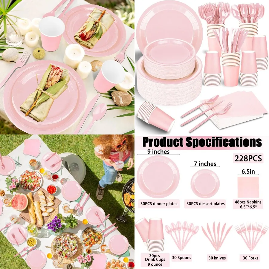 

228 шт. розовый набор принадлежностей для вечеринок с бумажными тарелками, чашками, салфетками, пластиковыми столовыми приборами для 30 гостей, одноразовая посуда на день рождения