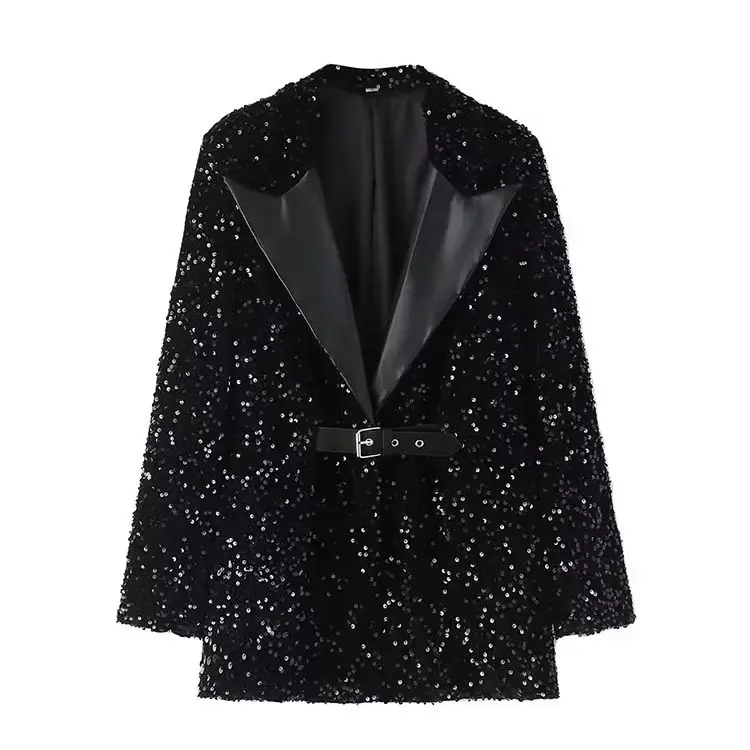 

2023 Autumn New Fashion Women Shiny Double-breasted Sequins Suit Jacket Female Coat Black Slim Fit Blazers with Belt