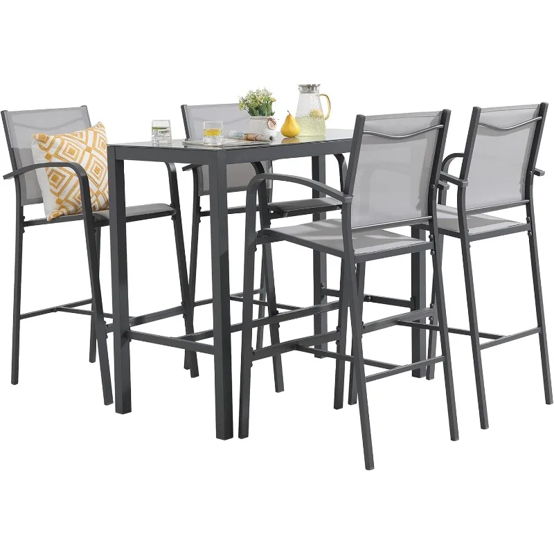 5-Piece Patio Bar Set, All-Weather Aluminum Textile Fabric Outdoor High Top Dining Table and Chairs, 4 Metal Bar Height