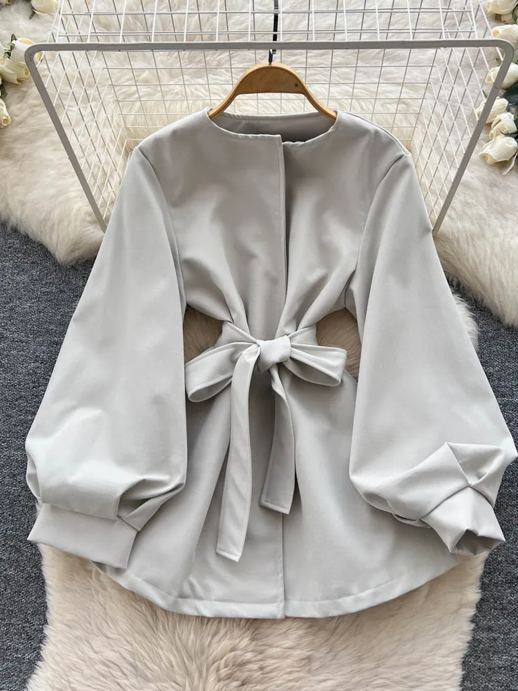 

Retro Feel Tie Waist Lantern Sve Dr Women's Faion Slimming A-Line ort Skirt Long Sve Button up Casual Wear