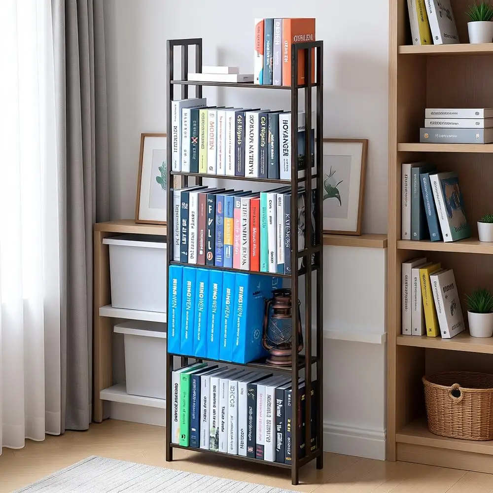

Высокие книжные полки с 5 ярусами, компактный узкий органайзер для книг, система хранения для небольших помещений, гостиной, спальни и офиса