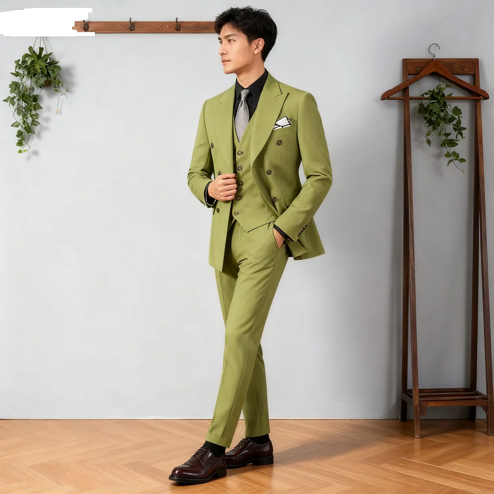 

Customizable Men's White Terno Three-Piece Suit with Cream Lapel Jacket Pants Vest Set with Chest Buckle Adjustment