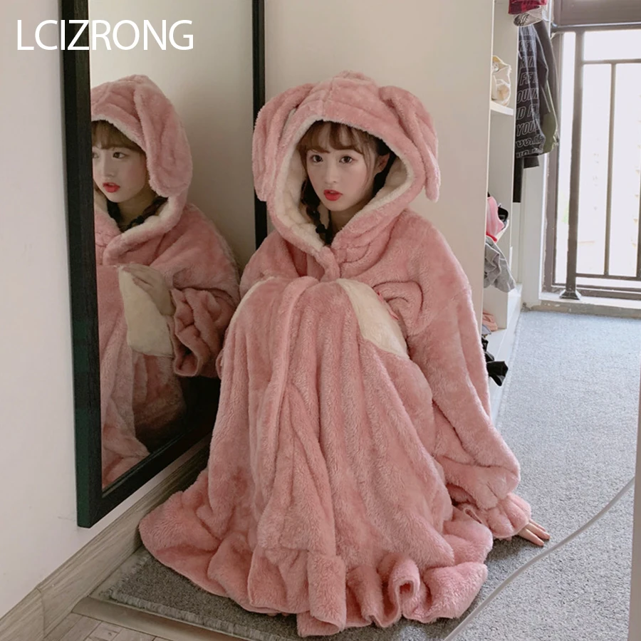 Winter Fashion Warm Comfortable Midi Robe Women Sweet Girl Cute Big Rabbit Ear Loose Bathrobe Long Sleeve Dressing Gown Female