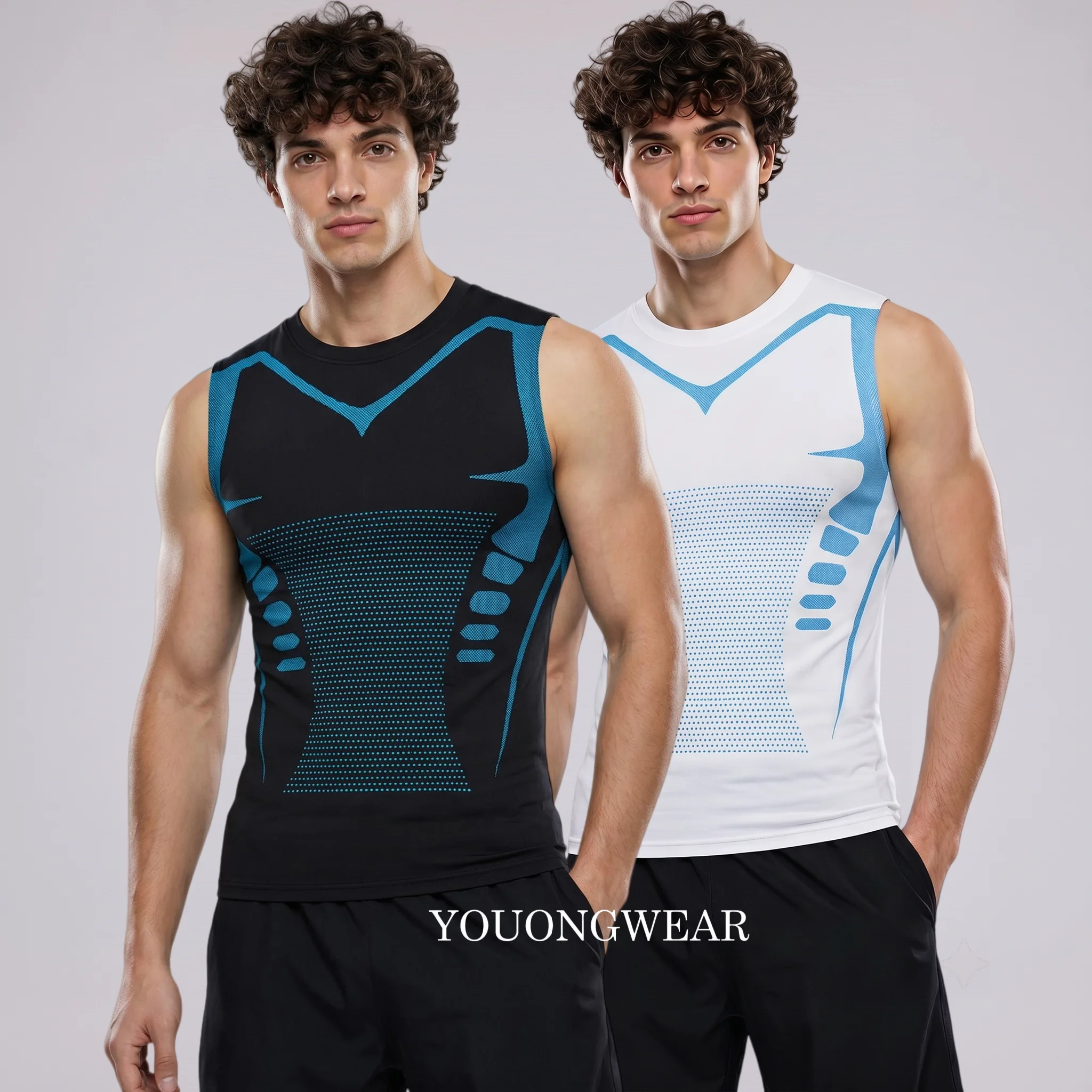 2 Pack Stretch Quick Dry Printed Compression Sweat Vests Men Breathable Sleeveless Undershirts Bodybuilding Workout Daily Wear