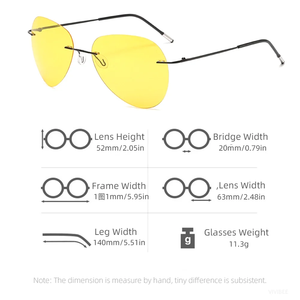 Ultraleichte Pilot Gelbe Nachtsichtbrille Herren Polarisierte UV400 Randlose Titan Luftfahrt Sonnenbrille für Damen Fahrbrille – Detail 8