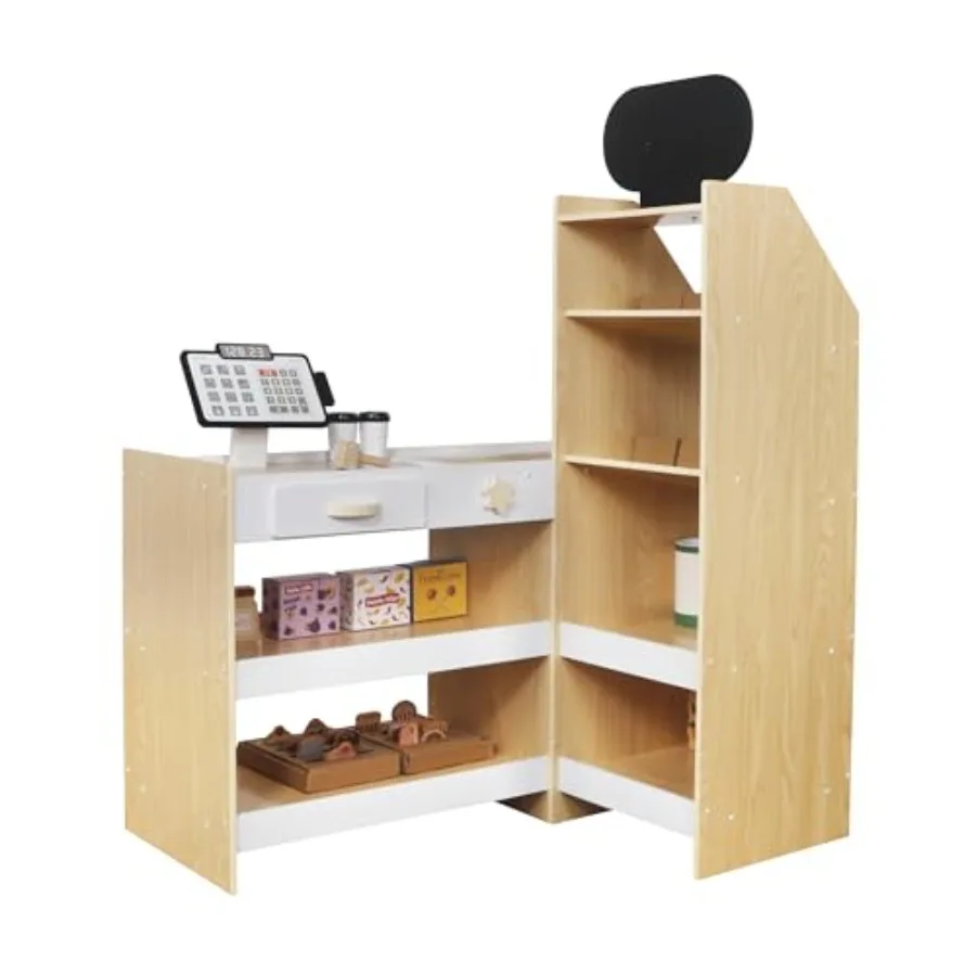 Kinder-Lebensmittelgeschäft-Spielset, Spielgeschäft für Spielzeug und Supermarkt-Einkaufswagen aus Holz mit Spielzeug-Registrierkasse, Spielgeld, Blackboa