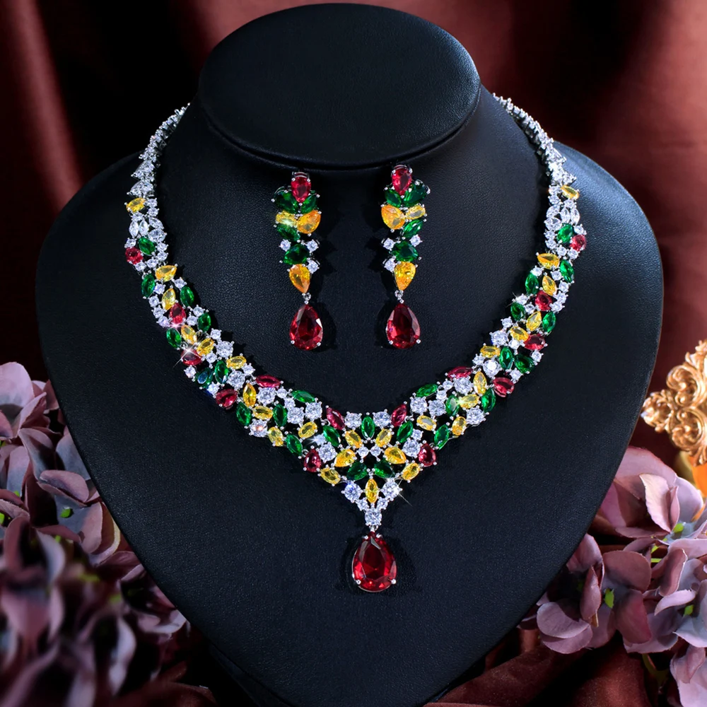 

CWWZircons Bohemian Colorful Water Drop Cubic Zircon Wedding Necklace 2Pcs Set for Women Luxury Brides Jewelry Accessories T0531