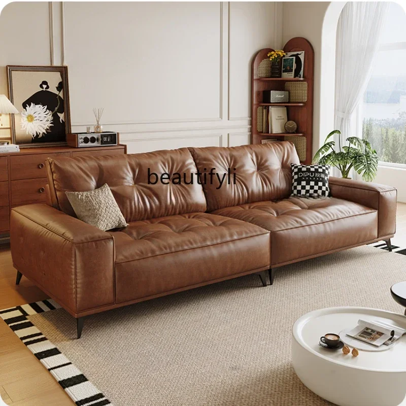 

Leather sofa Italian minimalist light luxury retro style small apartment living room oil wax leather sofaHY