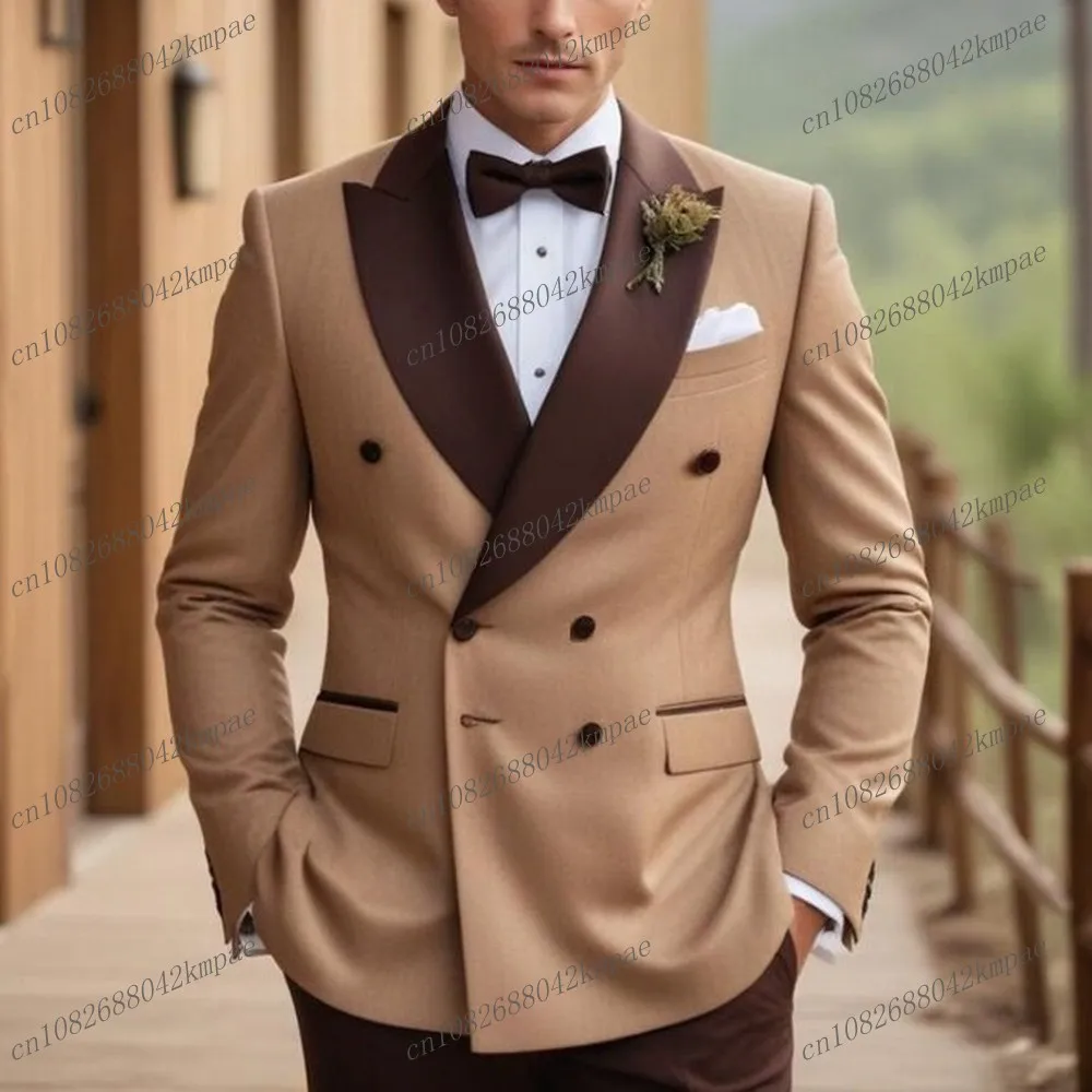 Brown And Champagne Men Suit Formal Occasion Groom Groomsman Wedding Party Prom Business Male Tuxedos 2 Piece Set Blazer Pants