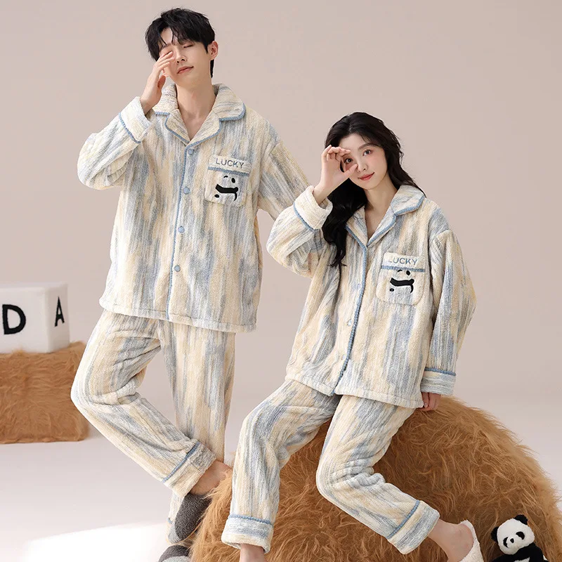 

Coral Velvet Couple Pajamas Autumn Winter Women Men Thickened Wearable Cartoon Panda Home Clothing Cardigan Suit