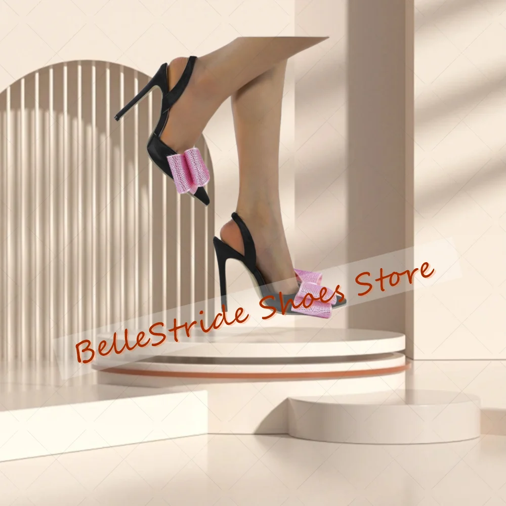 Sandalias negras con lazo de cristal rosa Para Mujer, Zapatos de tacón alto fino con punta estrecha, para fiesta, banquete, citas, 2025