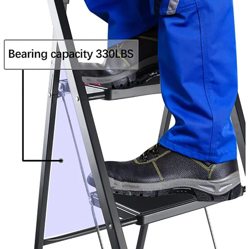 GERICCO Ladder Foldable Multifunctional 4 Step Ladder Non-slip Rubber Handgrip Portable Sturdy Black Steel Stool Ladder for Home