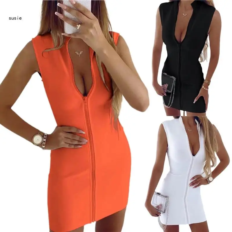 

X7YA Women Bodycon Mini Dress Sexy Zipper Tube Dresses Solid Color High Waist Stretchy Club Wear Front Full Closure