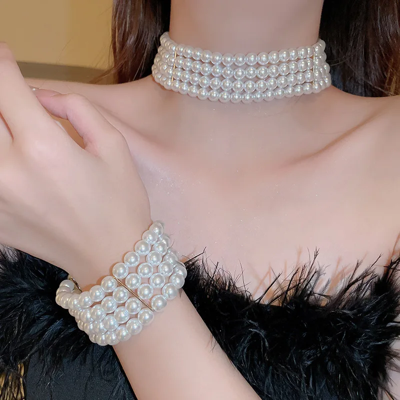 Vintage Palace Multilayer Pearl Choker Necklace Bracelet Sets for Women Elegant Wedding Bride Imitation Pearl Jewelry Set