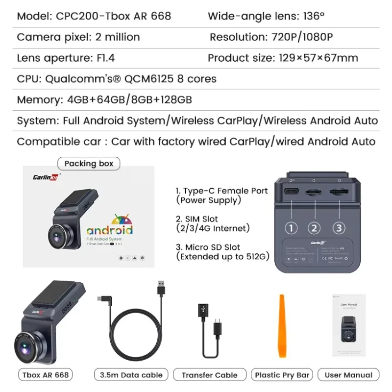 Carlinkit 128GB 1080P Car Dash Cam Dvr Android Auto Nuovo sistema Android Adattatore Carplay wireless con registrazione di guida YouTube