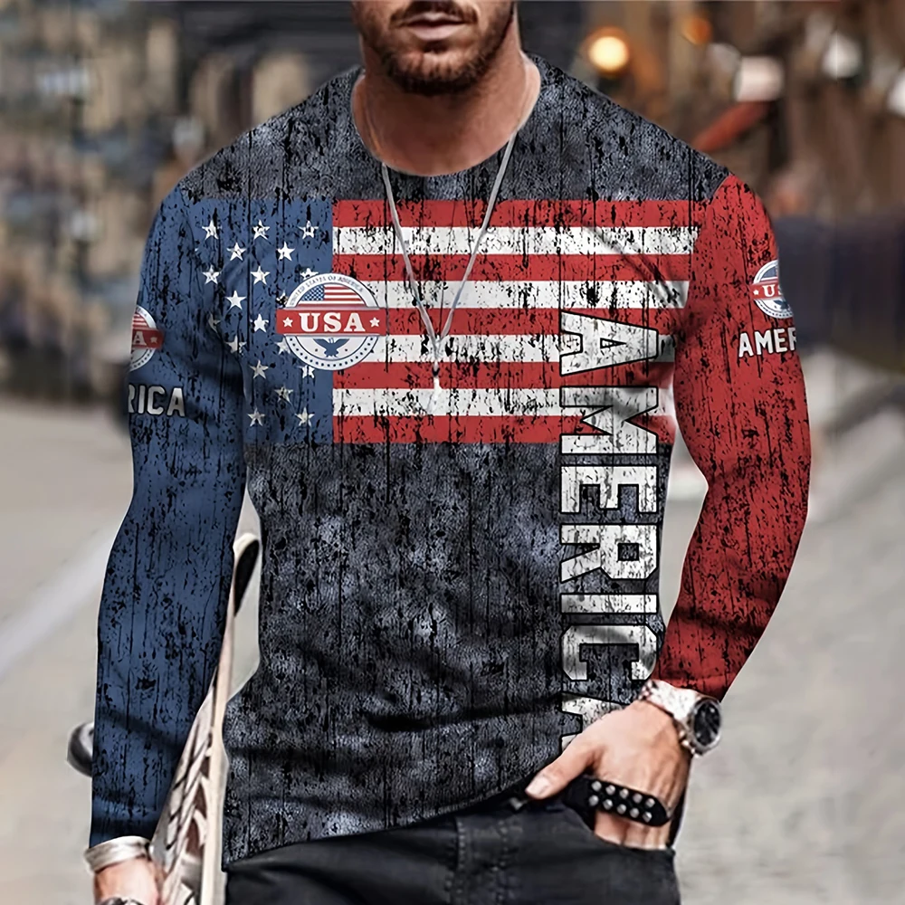 Vintage Men\'s T Shirt Long Sleeve Fall Tops Broken Flag Pattern 3D Printed War T Shirt Oversized Loose Street Sportswear Xs-7Xl