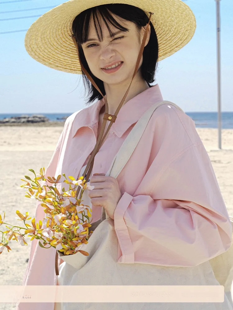 

UNRETRO Pink Outdoor Flip-Collar Design Sense Women's Retro Belted Waistcoat Casual Outerwear UV Protection Cotton Long Sve