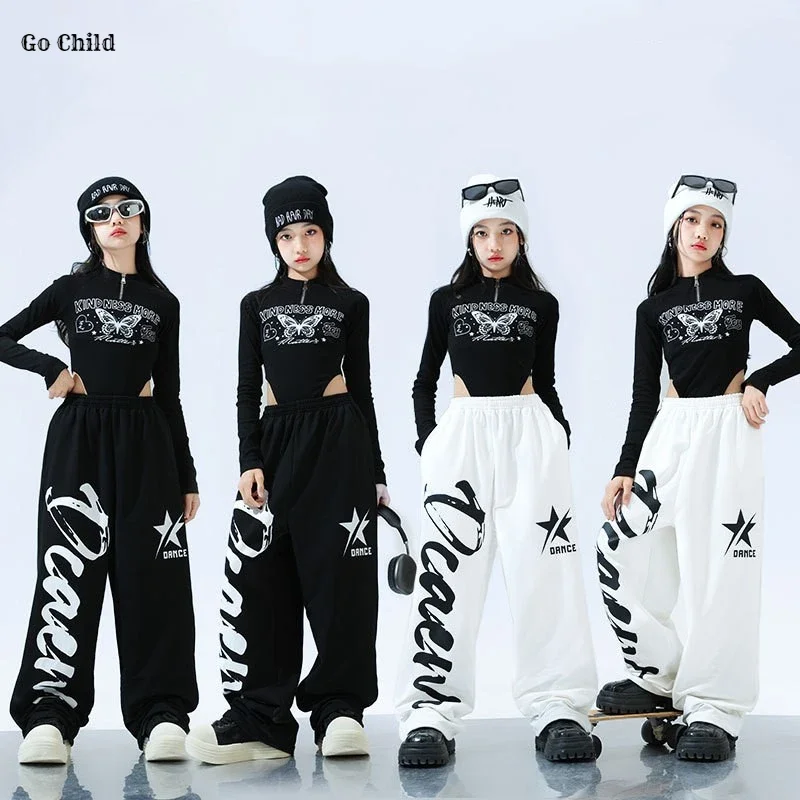 Girl Hip Hop Crop Top Letter Cargo Pants Children Stage Costumes Kids Streetwear Jazz K-pop Street Dance Girl Group Clothes Sets