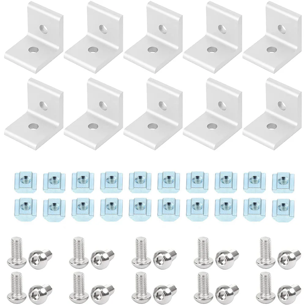 10pcs 2020 2 Holes L Shape Corner Bracket Fitting 90 Degree Connector with T Nuts and Hex Screw for Aluminum Extrusion Profile