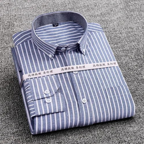 Imagen 2 del producto Camisa a cuadros a rayas para hombre, camisa de manga larga informal giratoria, cómoda, transpirable, cuello, diseño de botones, vestido de negocios delgado para hombre