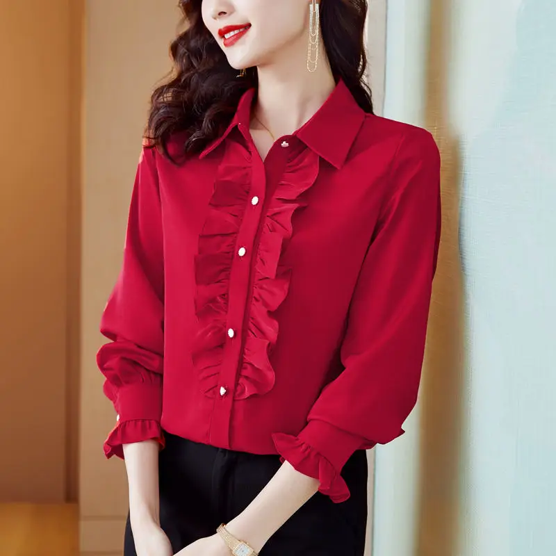 Women\'s Clothing Solid Color Ruffles Patchwork Blouse Spring Autumn New Elegant Single-breasted Commute All-match Straight Shirt