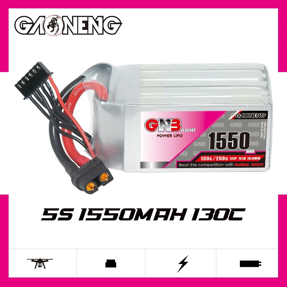 

GAONENG GNB 1550mAh 5S 130C 260C 18.5V XT60 LiPo Battery Racing Pilot FPV Airplane Quads QuadCopter HeliCopter