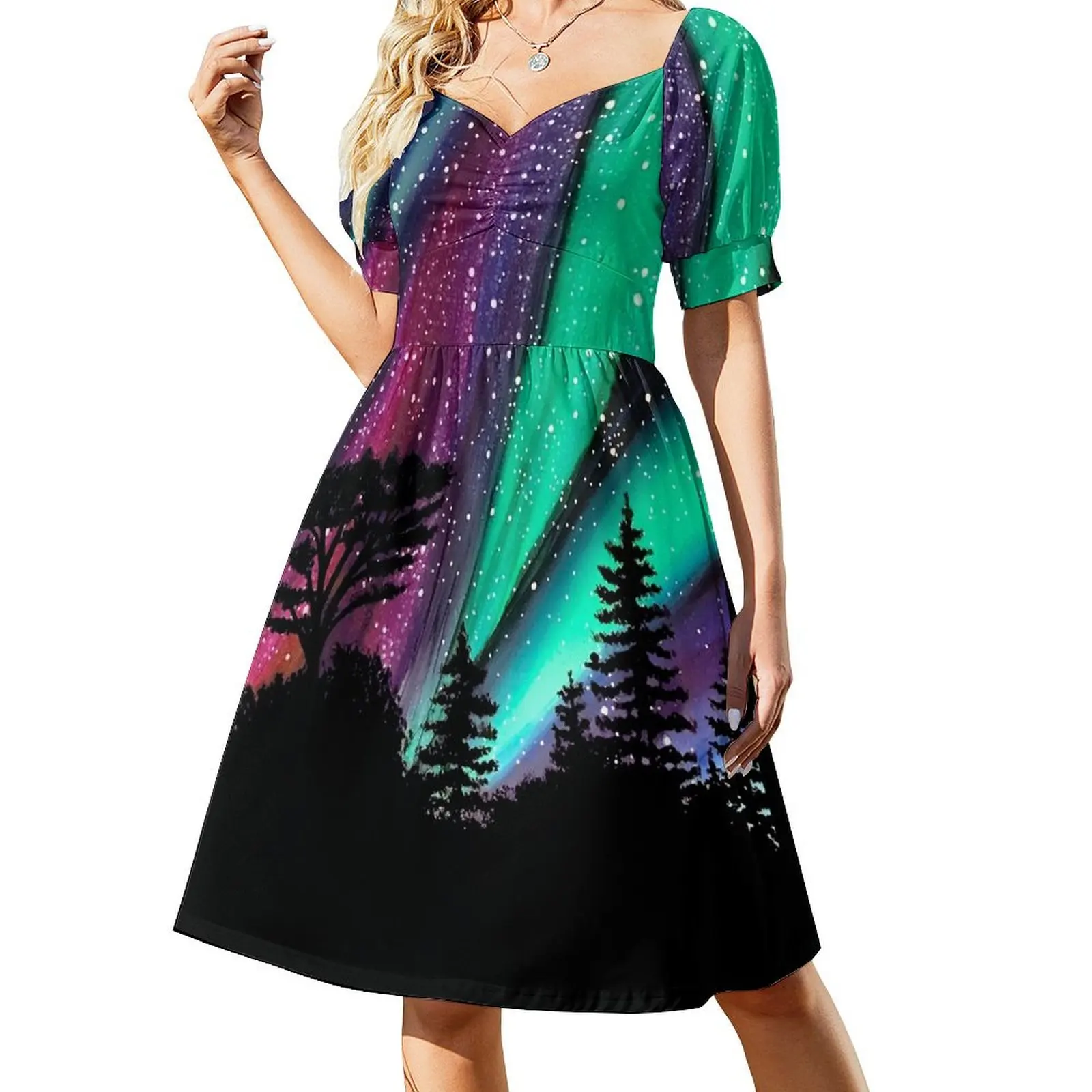 

Alaskan Aurora Aurora Borealis Northern Lights Short Sleeved Dress Women's evening dress Dress