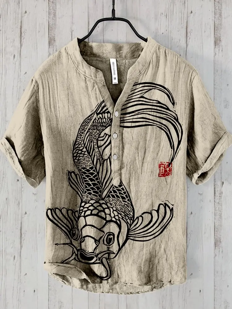 Men's and women's retro big fat fish linen shirt loose fashionable couple short-sleeved shirt style seaside vacation