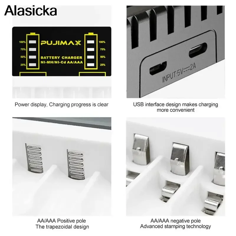 Ni-MH/Ni-Cd Charger with LED Indicator 4 Slot Battery Charger for Short Circuit Protection of AAA/AA Rechargeable Batteries