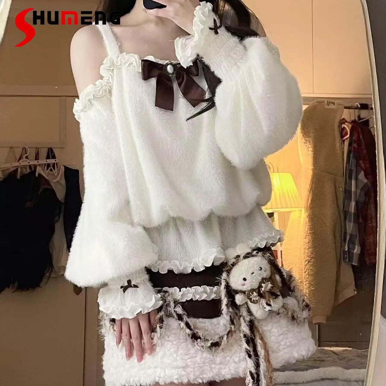 

Japan Style Sweet Off-Shoulder Knit Long Sleeve Top and Skirt Set Autumn New Women's Slimming Lolita Sweater Skirt Outfits
