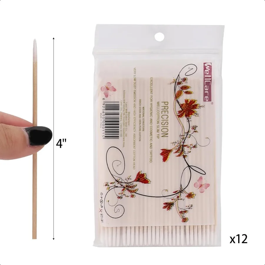 1200本入り精密チップ綿棒、先のとがった綿棒（木製スティック付き）、マイクロブレーディング綿棒、マイクロ綿棒、綿棒チップ