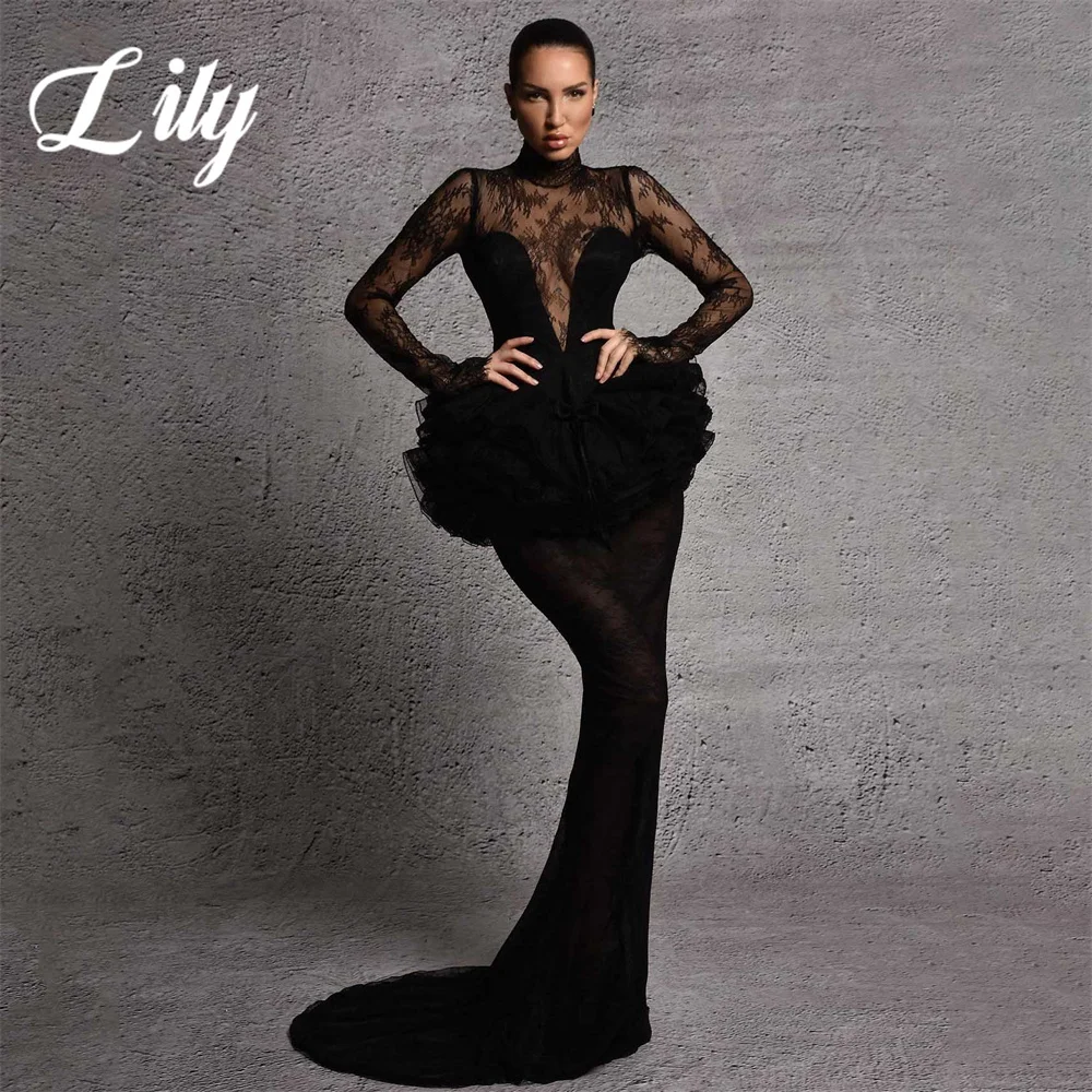 

Lily Black Woman Evening Dress High Mermaid Lace Prom Dresses Sexy Pleats Regular Sleeve Night Dresses Gown with Pleats 프롬 드레스