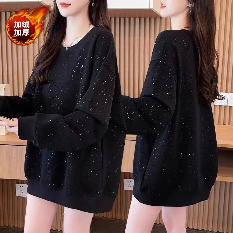 Round neck Sportshirt Women 2026Spring autumn winter new pullover Ladies T-shirt full of stars velvet casual fashion couple tops