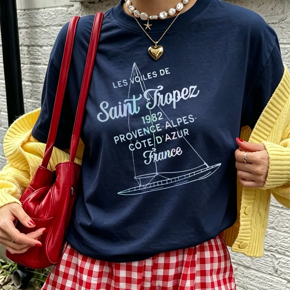 Women Saint Tropez France Vintage Sailboat Letter T Shirt Retro French Coastal Town Print Casual Cotton European Vacation Tops
