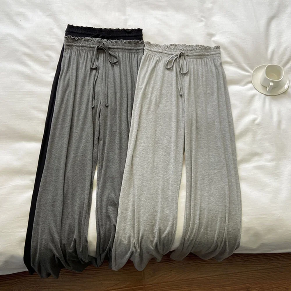 Spring Summer High-Waist Bloom Modal Women's Wide Leg Pants Loose Casual Home Belted Floor-Length Trousers Korean Style Pants