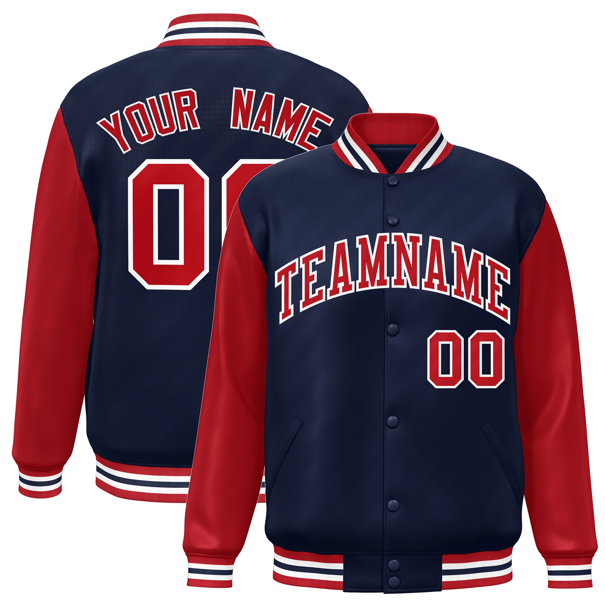 Custom Baseball Jacket Raglan Sleeve  Full-Snap Personalized Text Number Logo Varsity Letterman College Baseball Coat