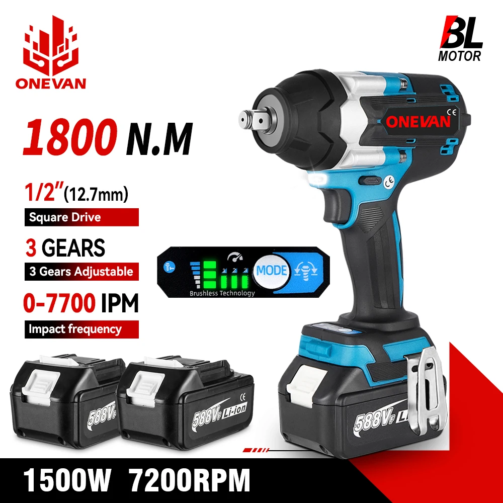 ONEVAN 1800N.M Torque Brushless Electric Impact Wrench 1/2 inch Lithium-Ion Battery Cordless Power Tool for Makita 18V Battery