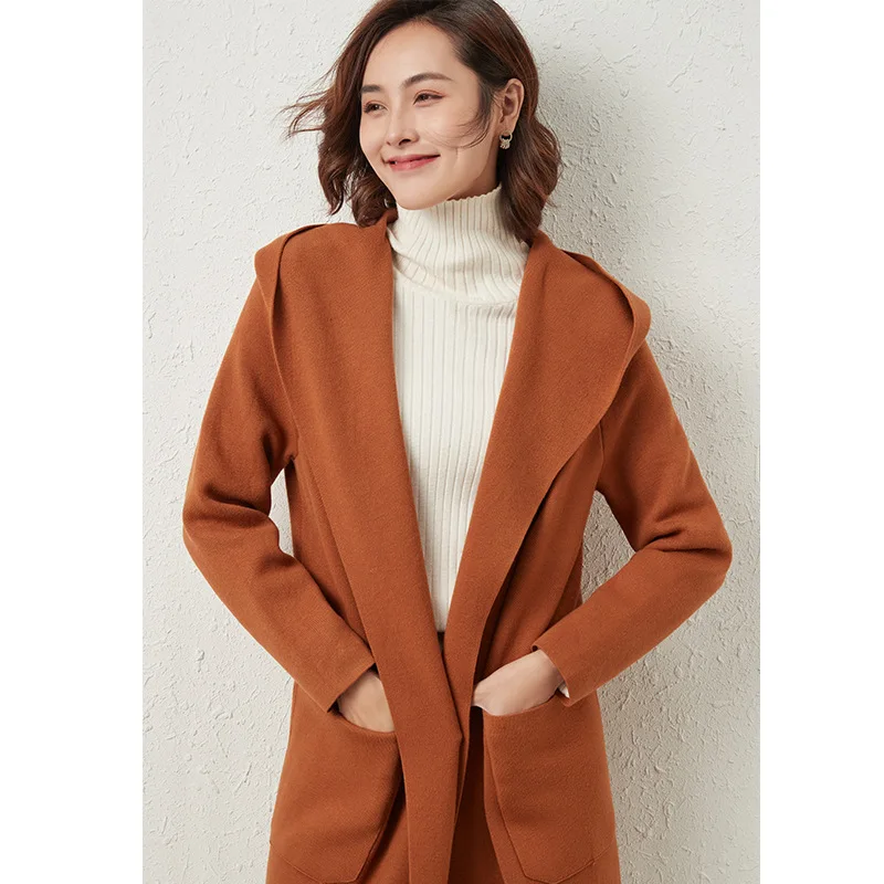 

Pure color cloth coat female in the new long in the fall and winter of 2022 little woolen cloth coat thickness