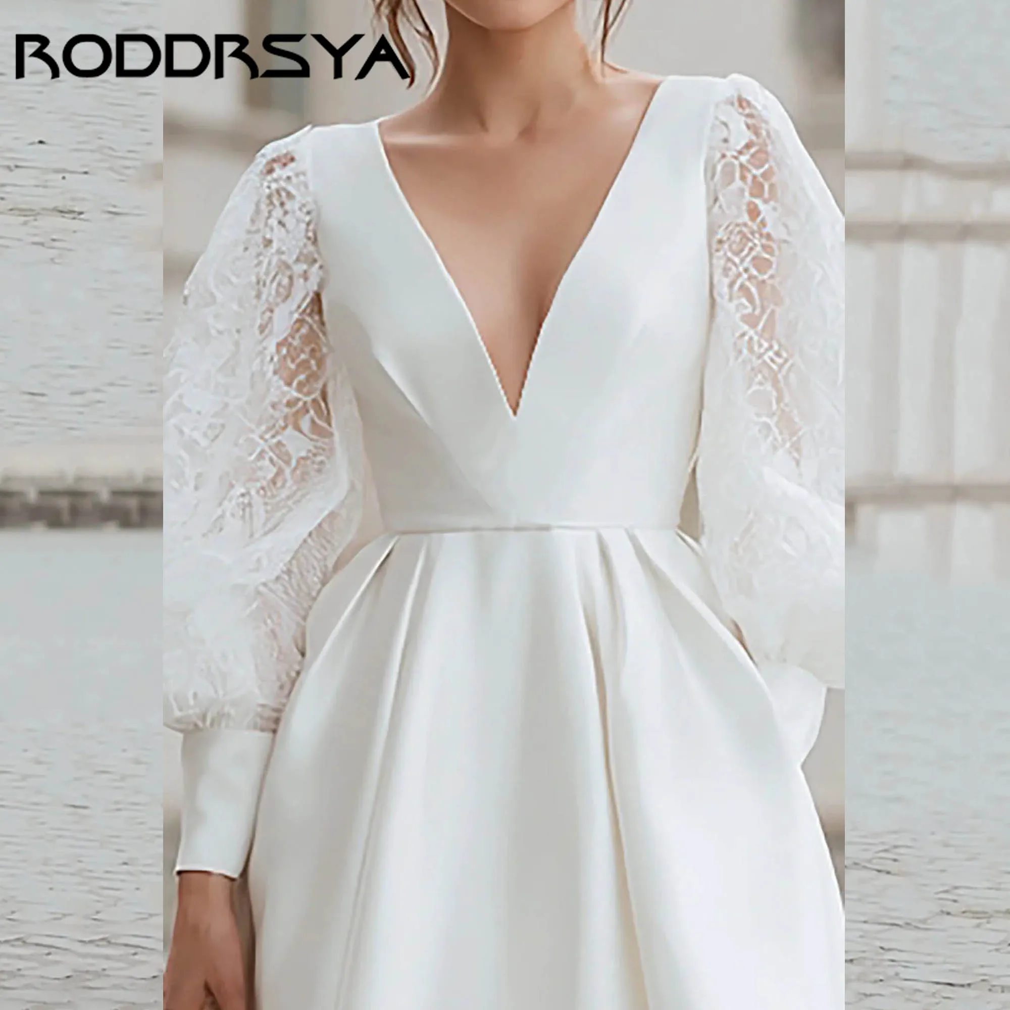 

RODDRSYA V-Neck A-Line Bridal Shower Dress With Lace Classic Long Puff Sleeves Wedding Gowns Satin vestidos de novia Customized