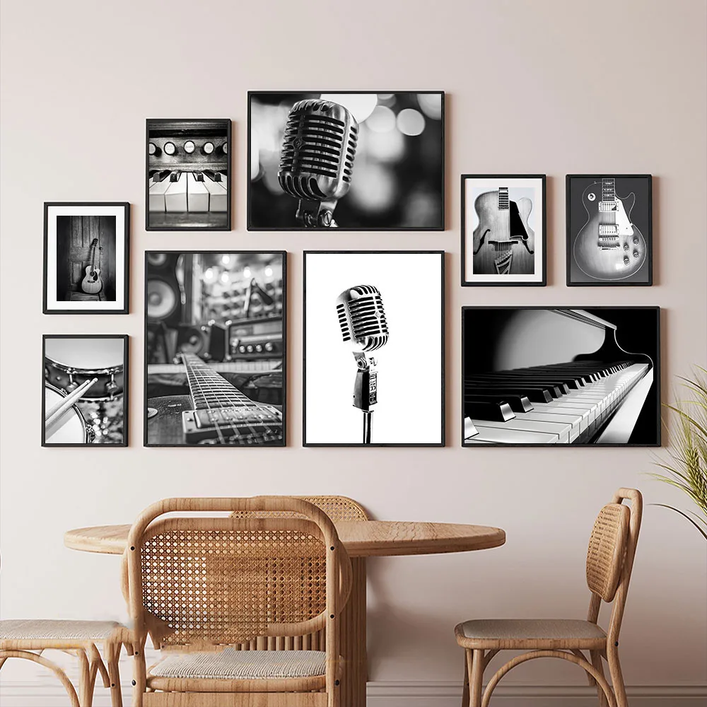 ملصق جيتار بالأبيض والأسود ، فن جداري ، صورة ، ميكروفون ، أعواد أفخاذ ، قماش بيانو ، رسم ، طباعة ، ديكور غرفة الاستوديو #1