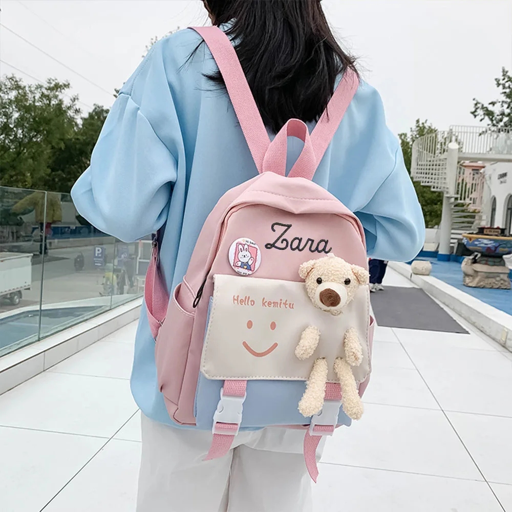 

Personalized Cute Bear Children's Kindergarten Schoolbag Custom Name Splice Child Primary School Fashion Backpack Kids Snack Bag