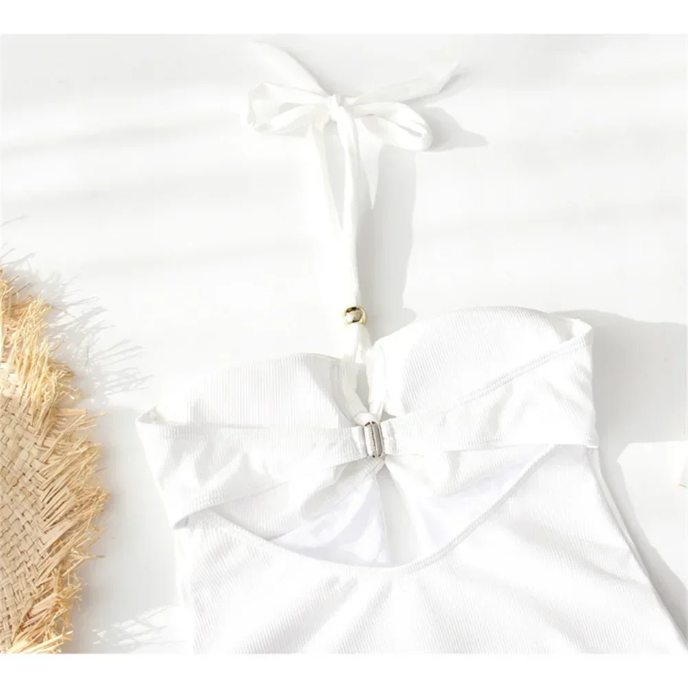 บิกินี่สีขาว Ribbed เซ็กซี่ Hollow OUT ลูกปัดชุดว่ายน้ํา Halter Hook One-piece ชุดว่ายน้ํา Y2K Monokini ผู้หญิงชุดว่ายน้ําชายหาด