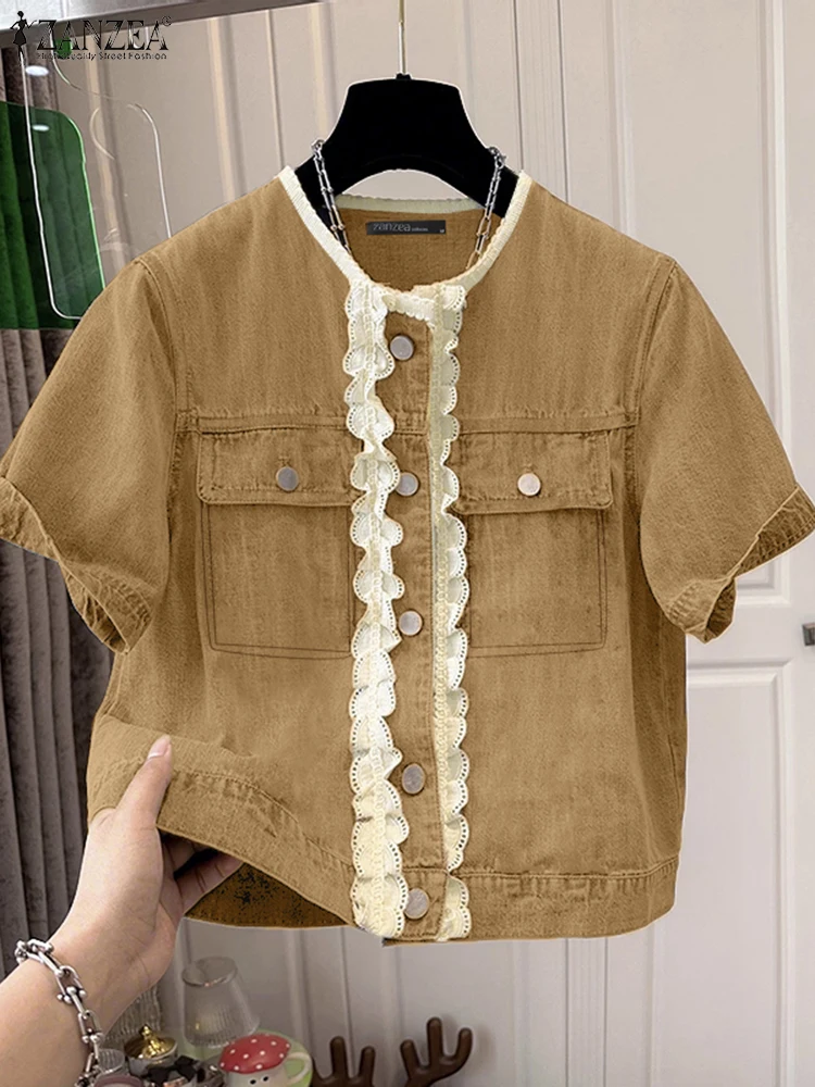 แฟชั่นแขนสั้นเสื้อลูกไม้ผู้หญิงลำลองหลวมสีทึบเสื้อเย็บปะติดปะต่อกัน 2025 ZANZEA แฟชั่น O-คอกระเป๋าบลูซาส S-3XL