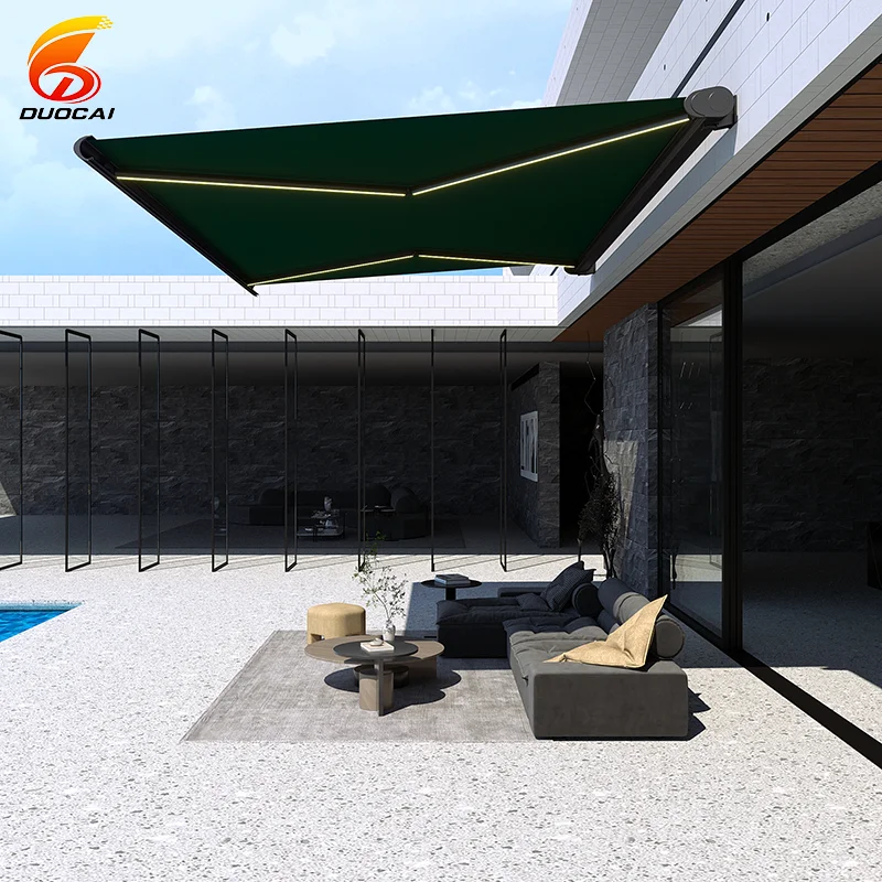 

Luxury Fully Automatic Motorized Retractable Awning LED Lights Shading Canopy Roof Modern Electric Full Cassette Awning Coated