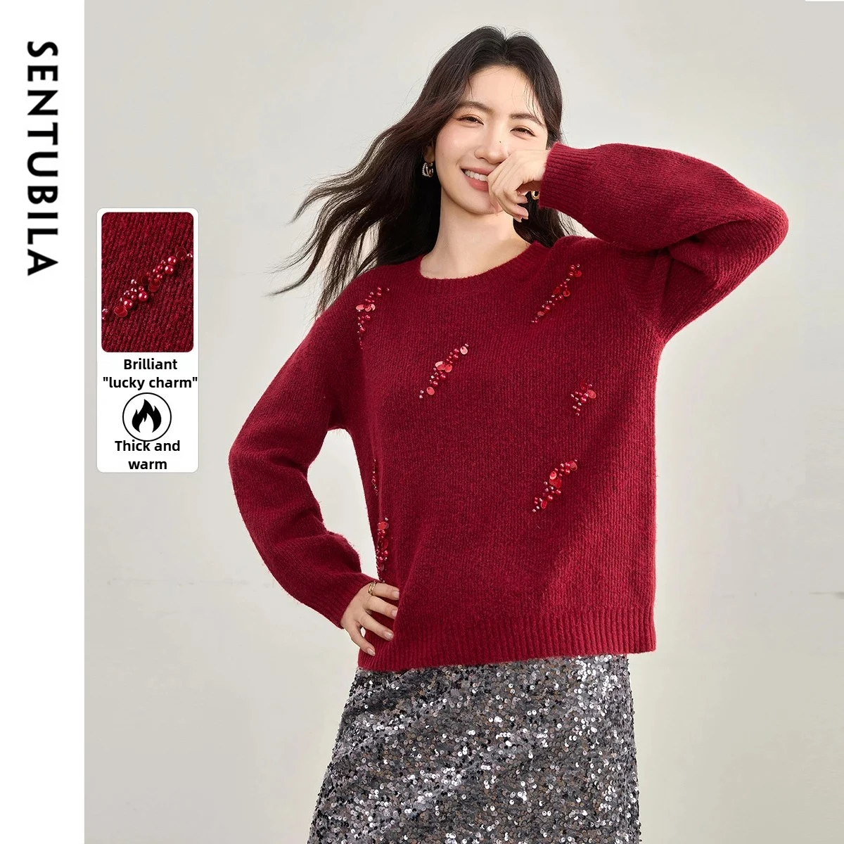 

SENTUBILA женские свитера с блестками и бусинами, осенние элегантные однотонные пуловеры с длинными рукавами, мягкие вязаные женские топы в свободном крою W54EE3759